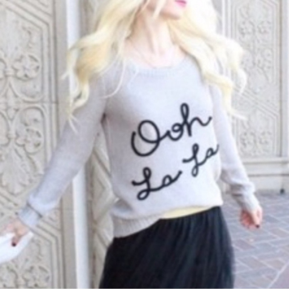 Lauren Conrad Gray Knit Sweater with “Ooh LaLa” French Words.